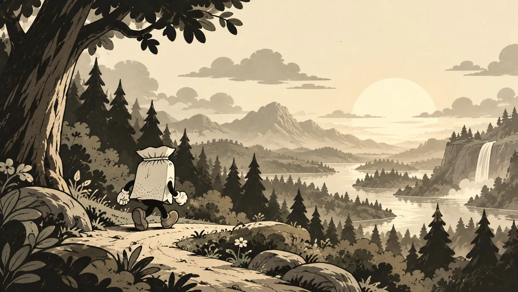 Baggi walking onward through a wide illustrated landscape.