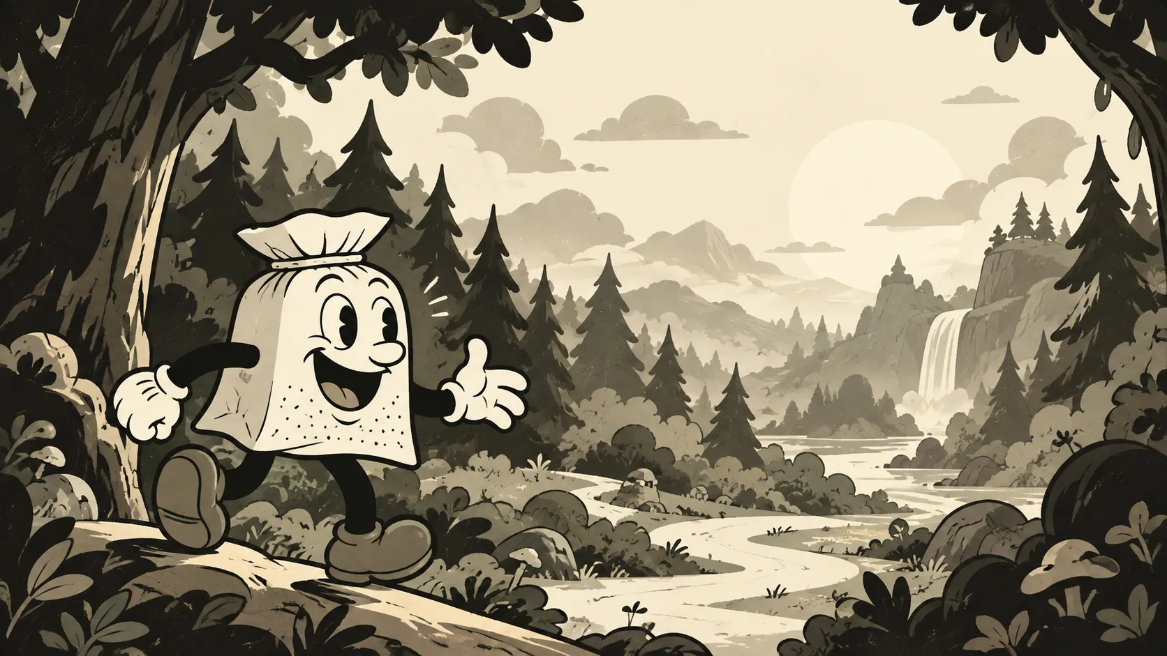 Baggi stepping into an illustrated forest landscape.