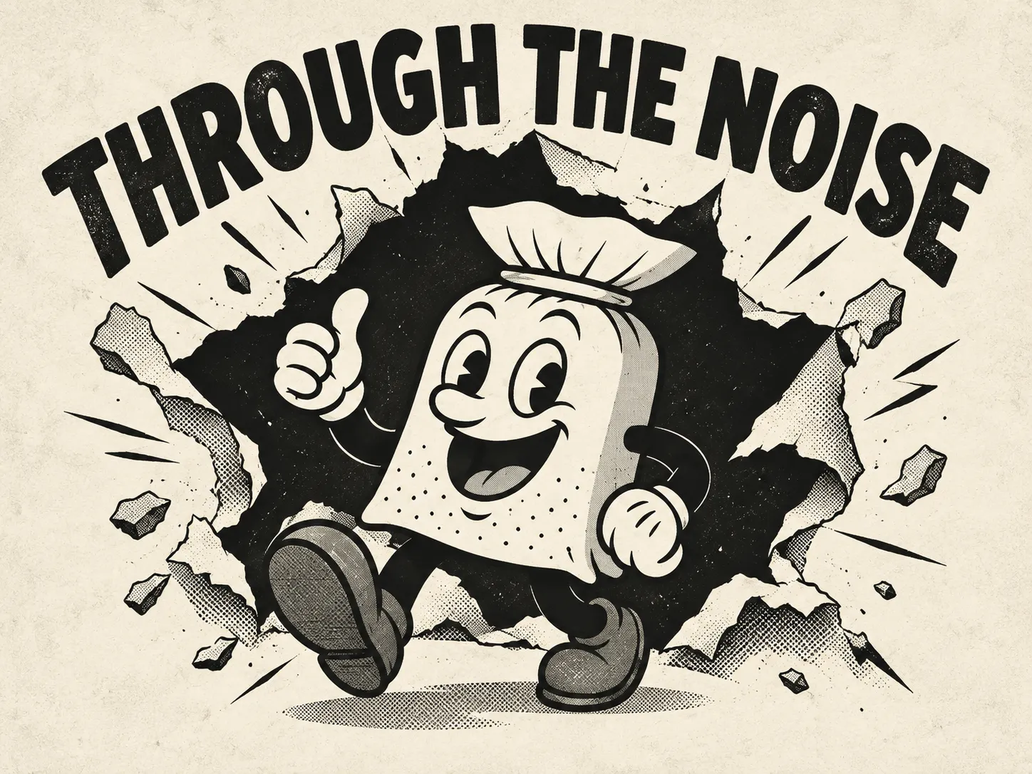Through the Noise artwork featuring Baggi breaking through a dark opening.